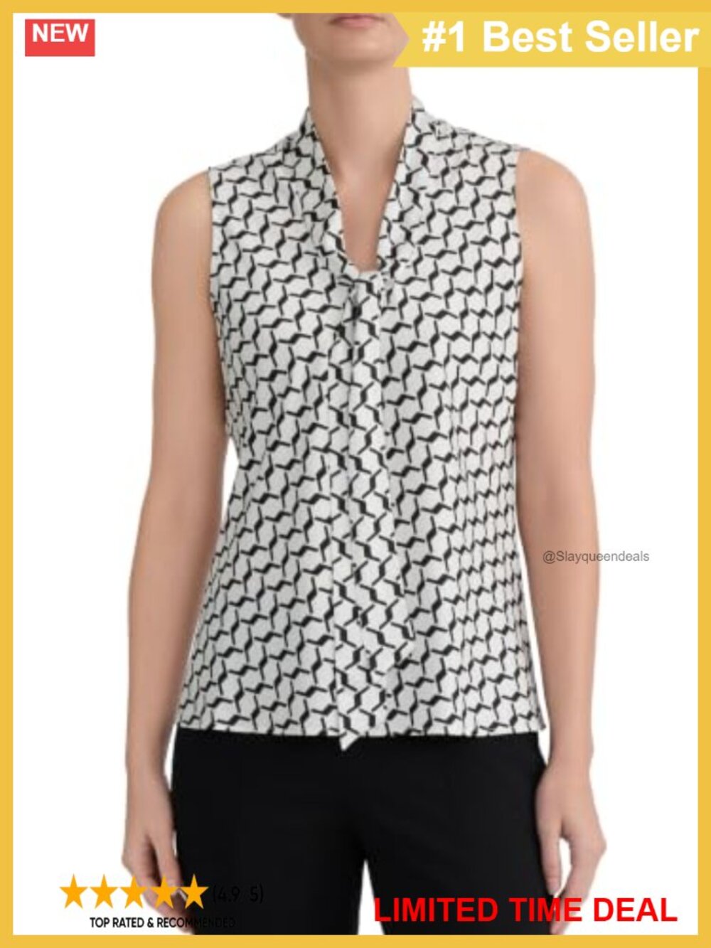 Sleeveless V-Neck Geometric Tie-Front Blouse